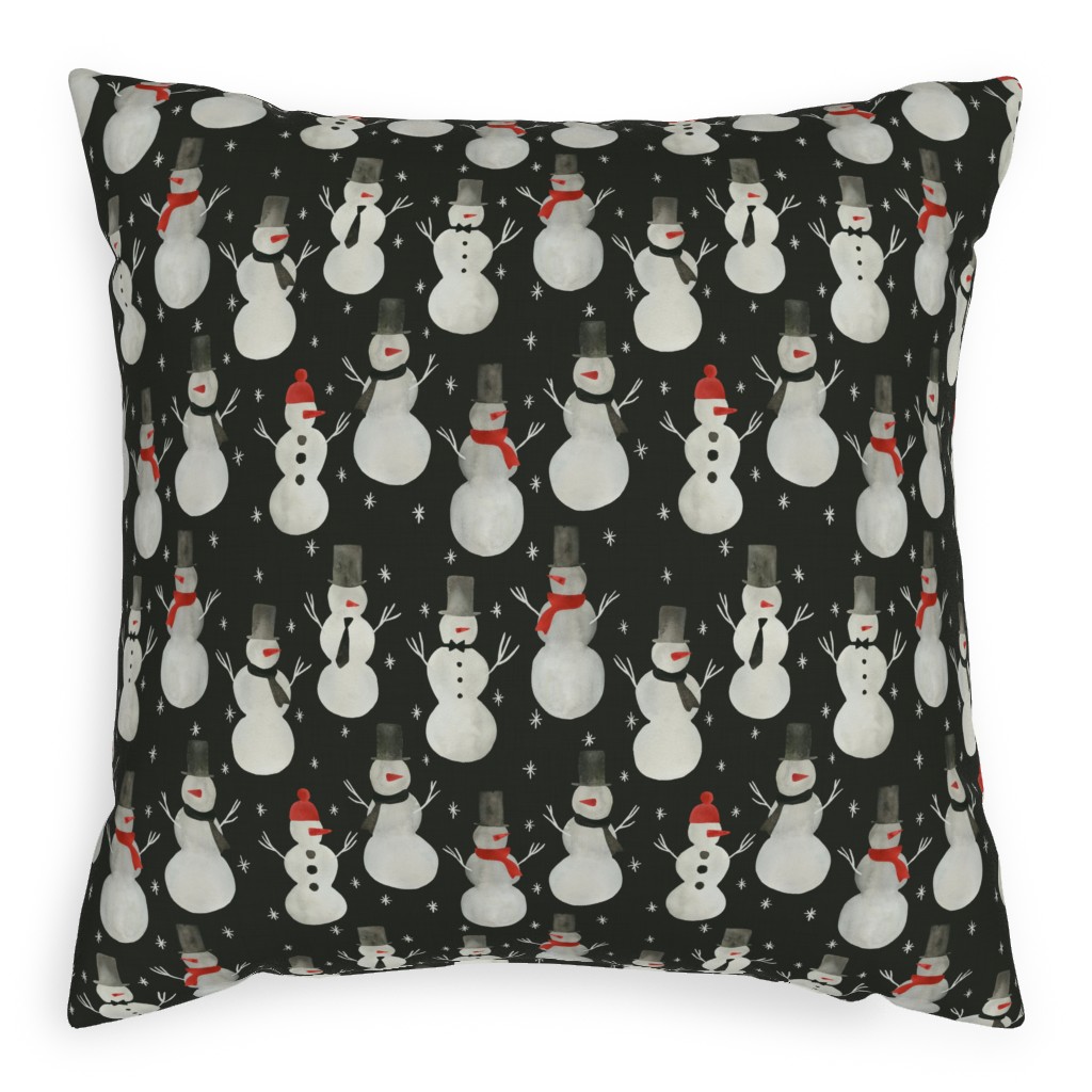 Watercolor Snowmen Pillow, Woven, Beige, 20x20, Single Sided, Black, Black