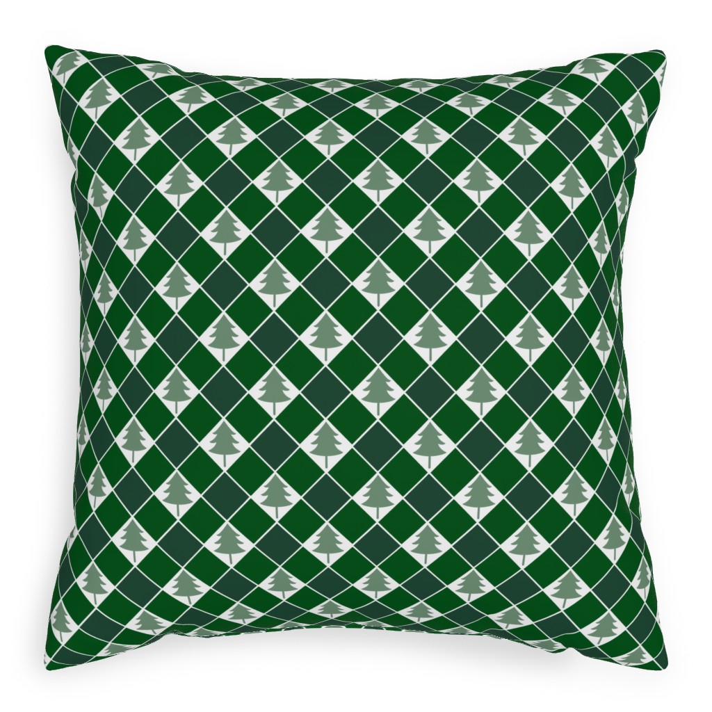 Christmas Tree Checkers - Green Pillow, Woven, Beige, 20x20, Single Sided, Green