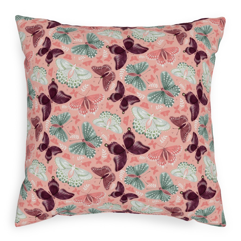 Romantic Butterflies - Pink Pillow, Woven, Beige, 20x20, Single Sided, Pink, Bright Pink