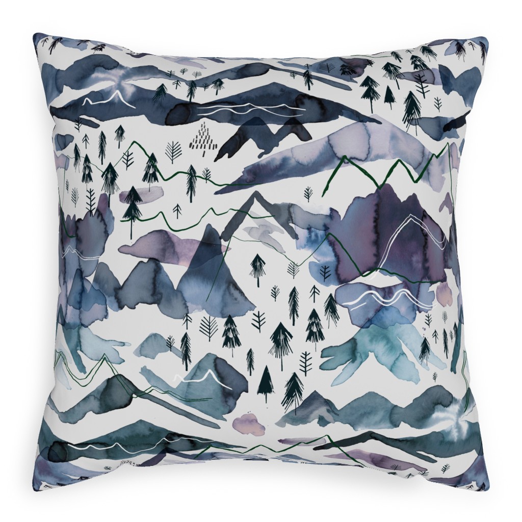 Watercolor Mountains Landscape - Blue Pillow, Woven, Beige, 20x20, Single Sided, Blue, True Blue