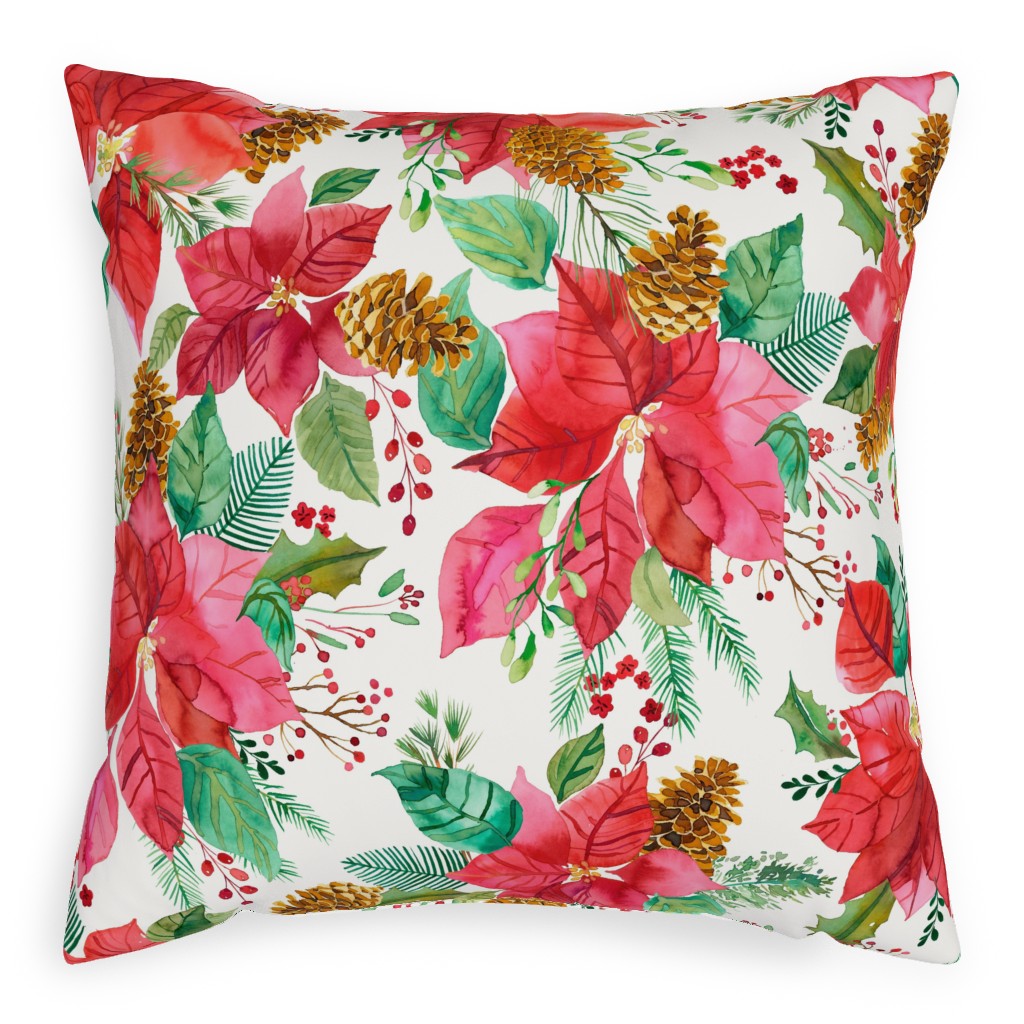 Poinsettias Christmas Flower Bouquets - Red Pillow, Woven, Beige, 20x20, Single Sided, Red