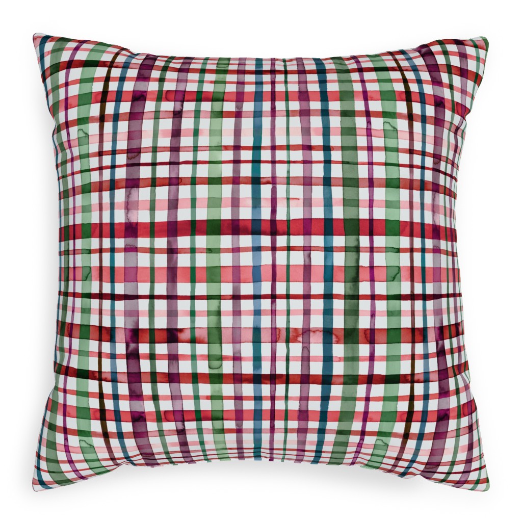 Watercolor Gingham - Red and Green Pillow, Woven, Beige, 20x20, Single Sided, Multicolor