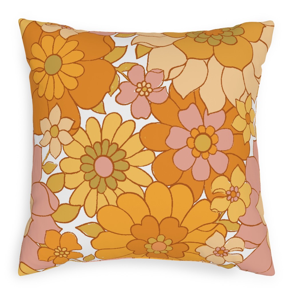 Avery Retro Floral - Orange on White Pillow, Woven, Beige, 20x20, Single Sided, Orange, Orange