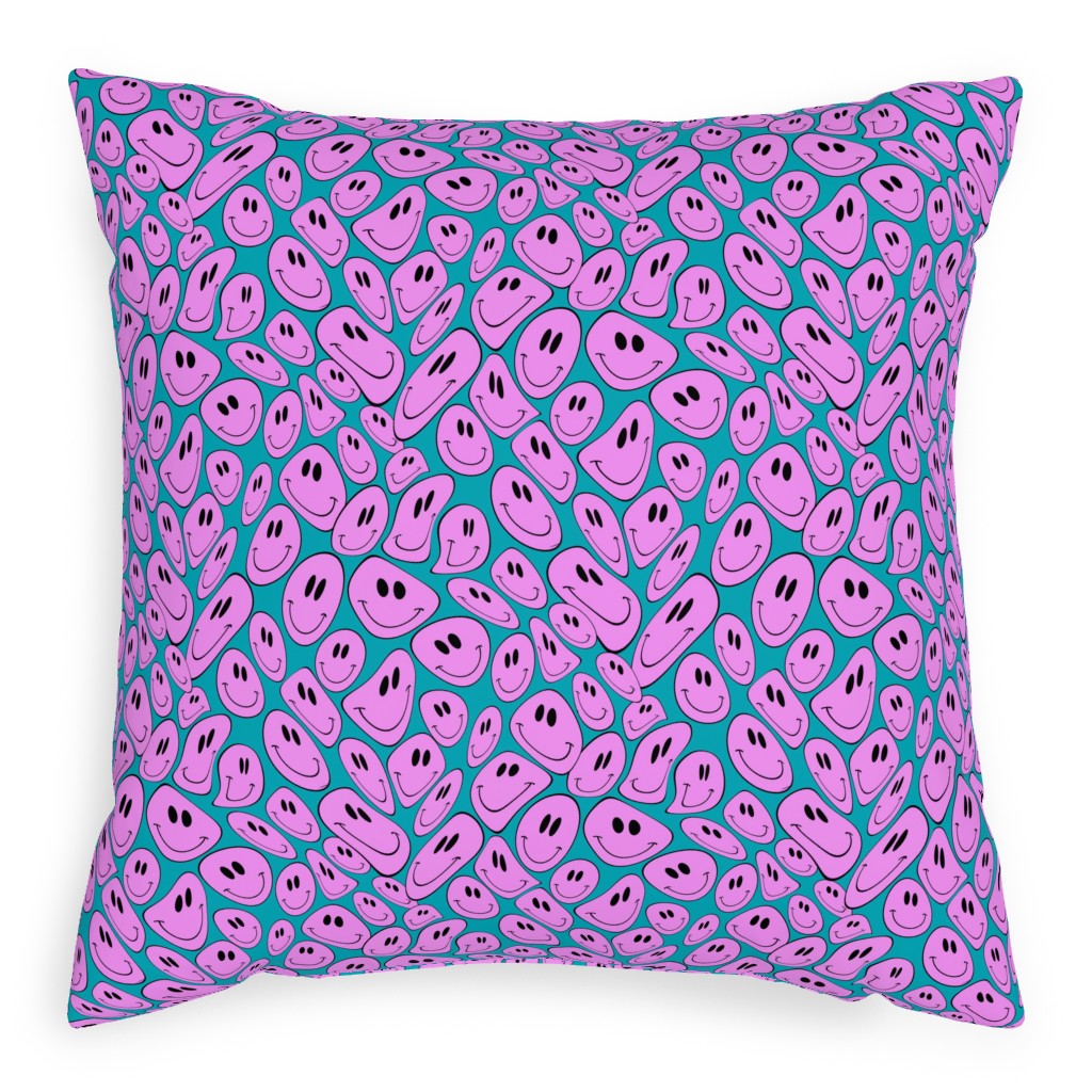 Retro Smiley Face - Blue and Purple Pillow, Woven, Beige, 20x20, Single Sided, Purple