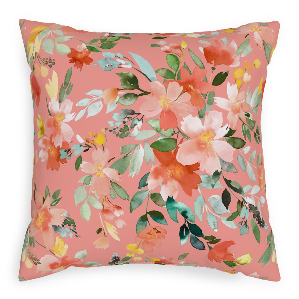 Summery Oleander Floral - Coral Pink Pillow, Woven, Beige, 20x20, Single Sided, Pink