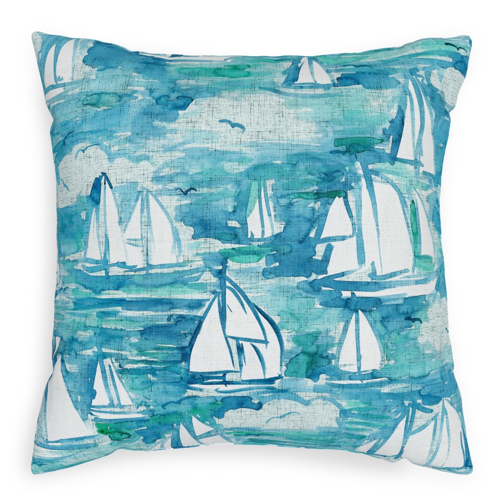 Sailboats Sailing Watercolor Loosely Painted - Blue Pillow, Woven, Beige, 20x20, Single Sided, Blue