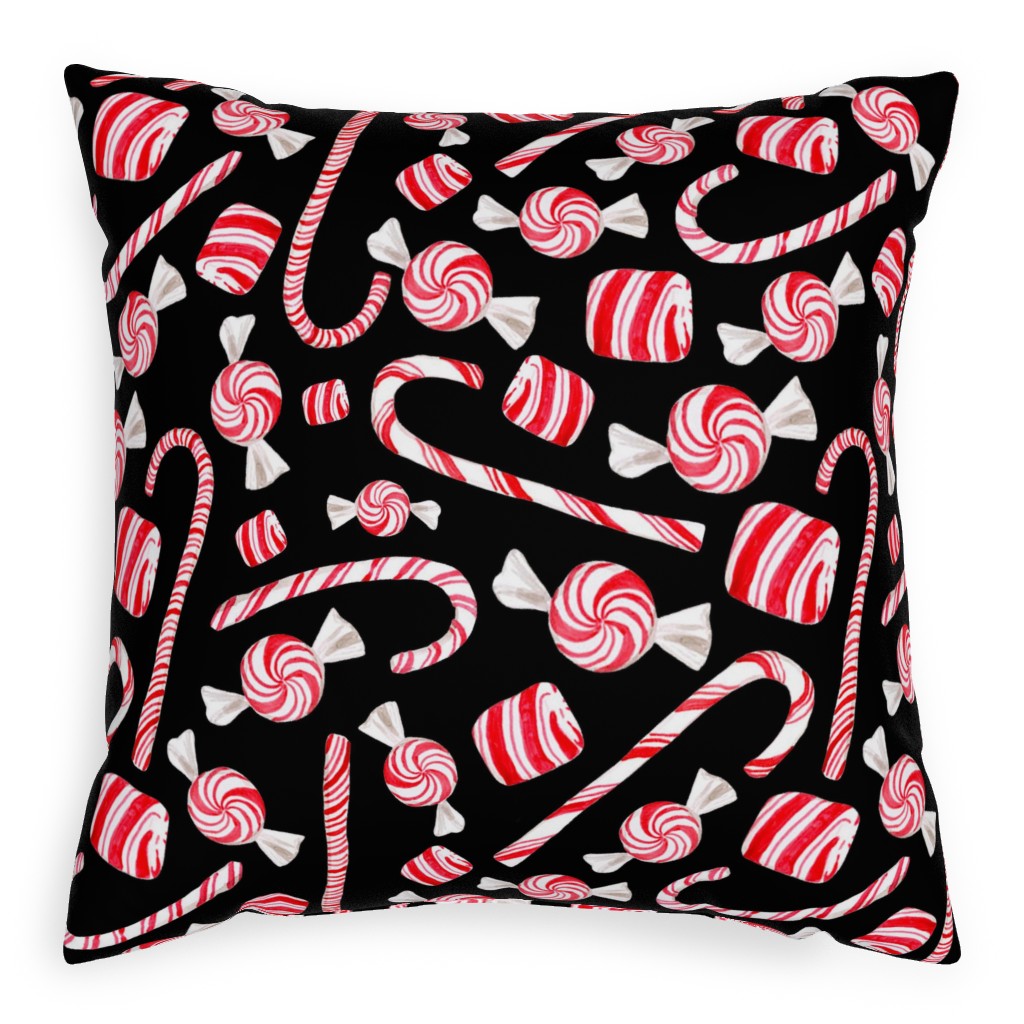 Christmas Candy Canes - Black Pillow, Woven, Beige, 20x20, Single Sided, Red, Red