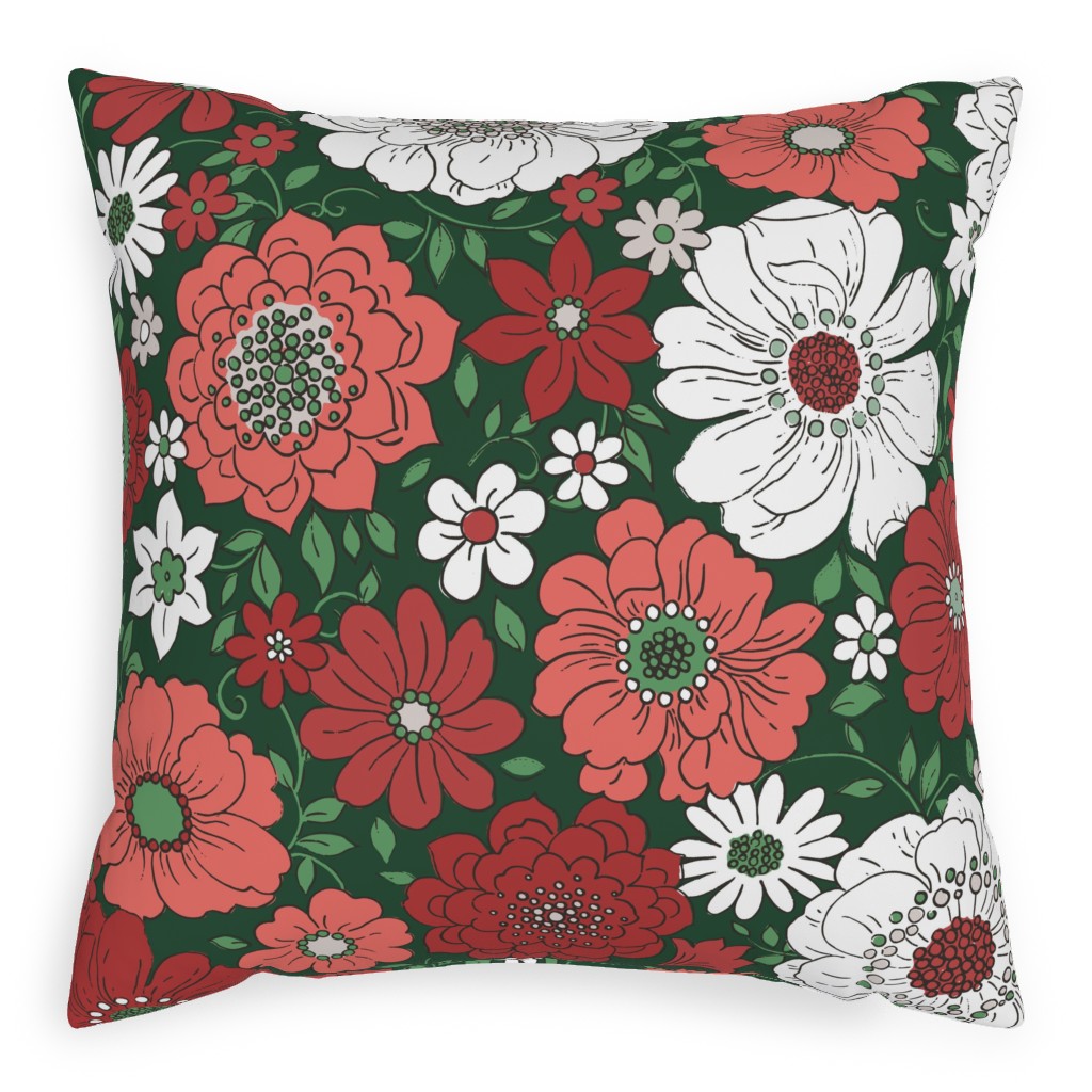 Camilla Retro Floral Christmas - Red and Green Pillow, Woven, Beige, 20x20, Single Sided, Multicolor