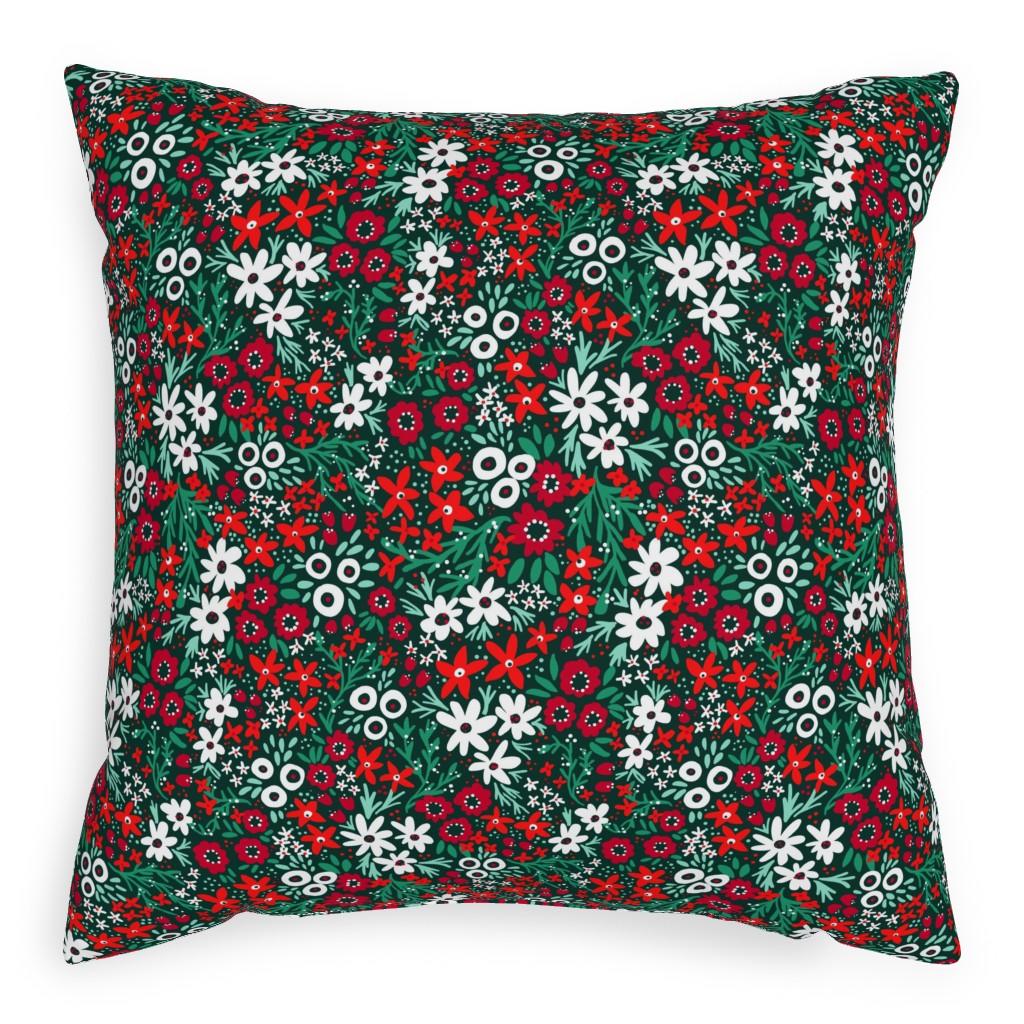 Rustic Floral - Holiday Red and Green Pillow, Woven, Beige, 20x20, Single Sided, Green
