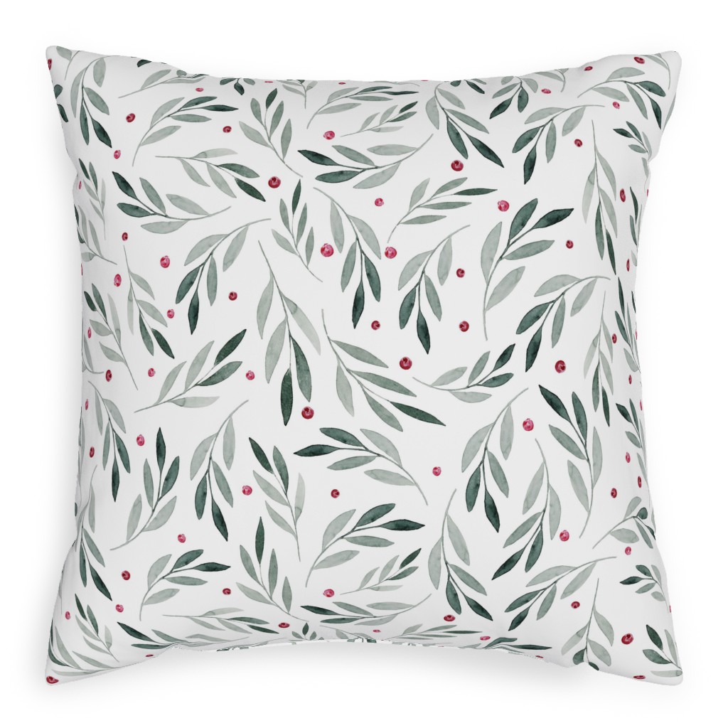 Festive Christmas Green Leaves & Red Berries Pillow, Woven, Beige, 20x20, Single Sided, White, White
