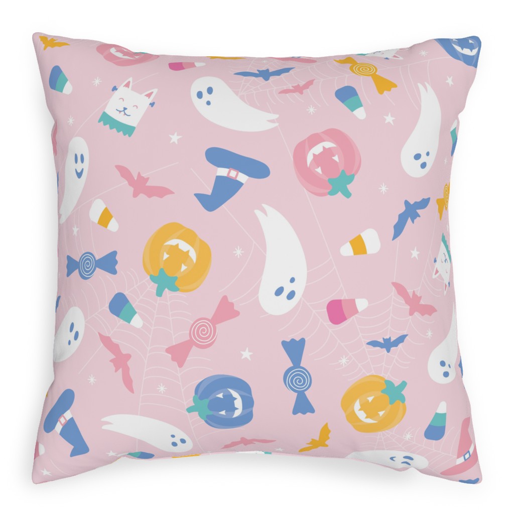 Happy Ghosts and Candy Corn - Pastel Pillow, Woven, Beige, 20x20, Single Sided, Pink