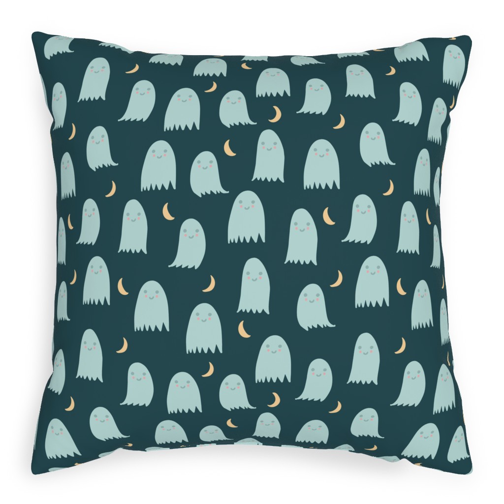 Cute Halloween Ghosts Pillow, Woven, Beige, 20x20, Single Sided, Green, Seaweed