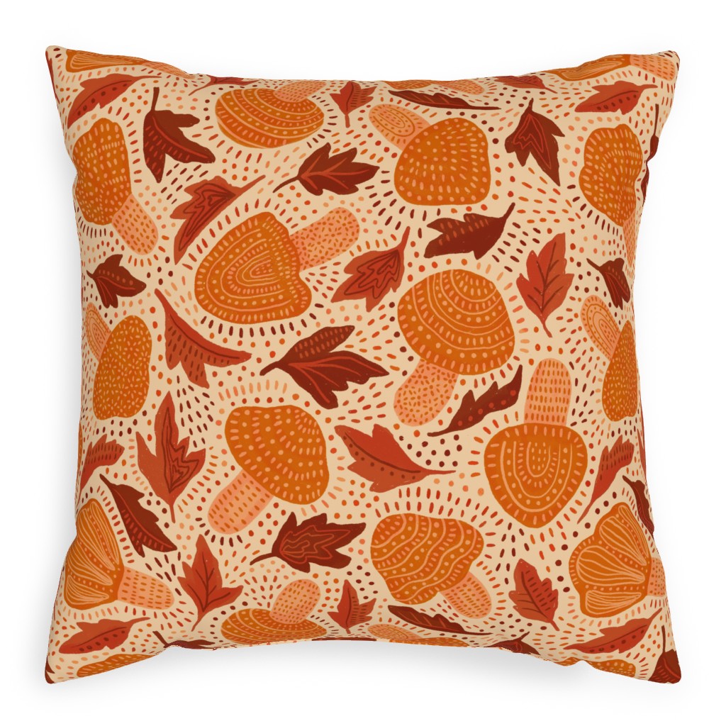 Autumn Mushrooms and Fallen Leaves Pillow, Woven, Beige, 20x20, Single Sided, Orange