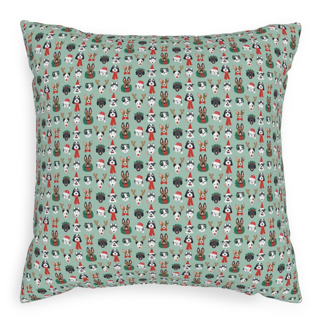 Christmas Holiday Puppy Dogs - Green Pillow, Woven, Beige, 20x20, Single Sided, Green