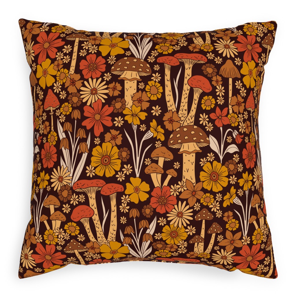 Retro 1970s Mushroom & Flowers - Brown and Orange Pillow, Woven, Beige, 20x20, Single Sided, Orange, Orange