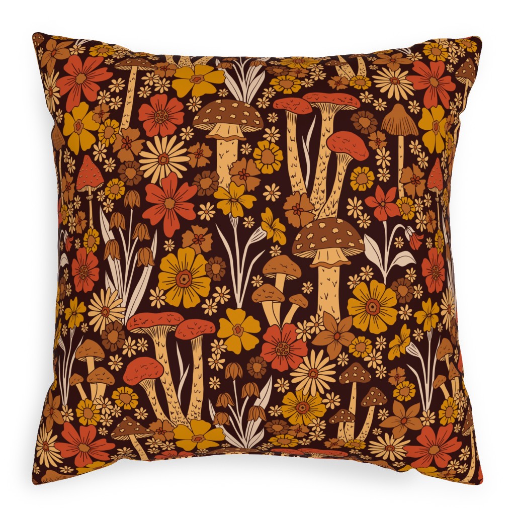 Retro 1970s Mushroom & Flowers - Brown and Orange Pillow, Woven, Beige, 20x20, Single Sided, Orange