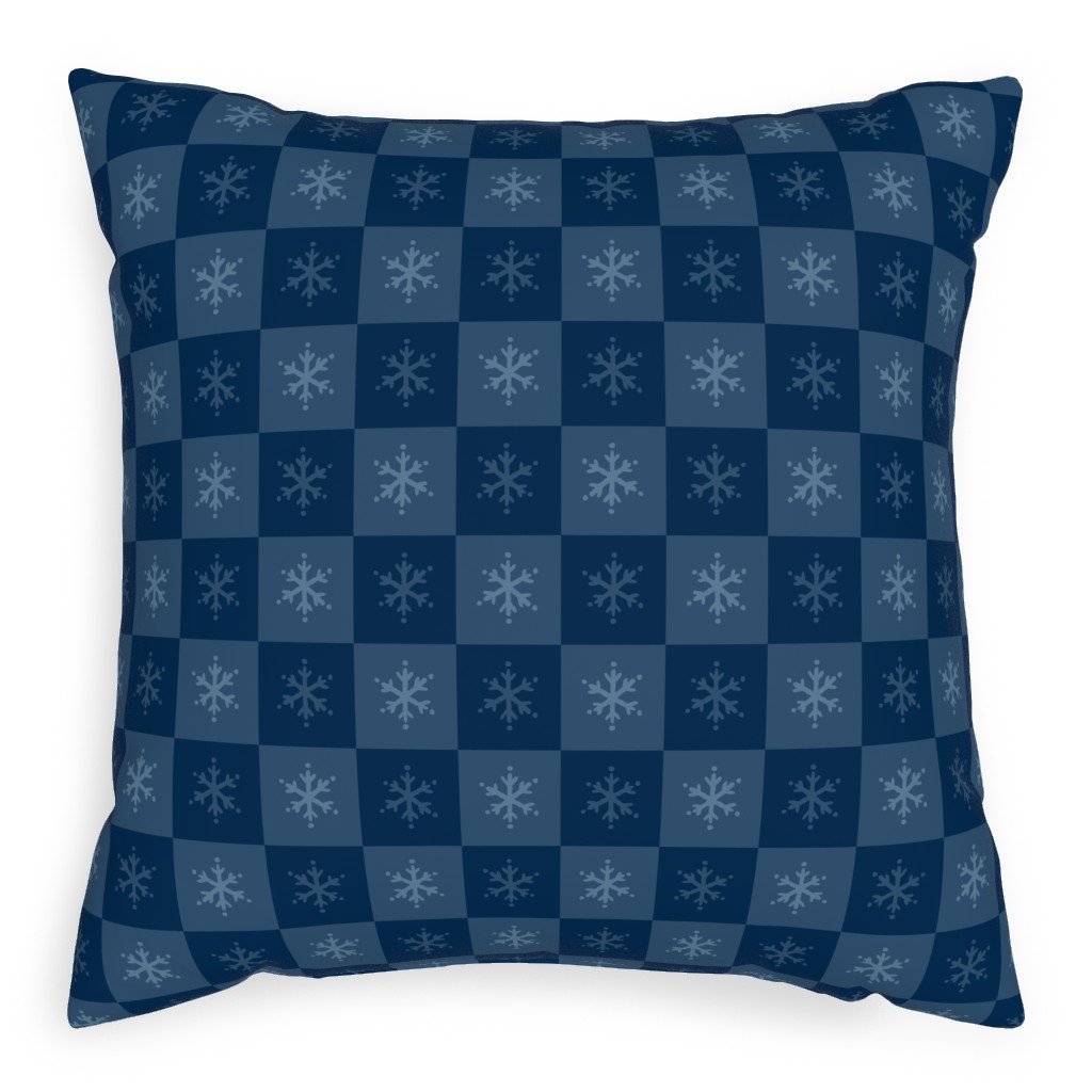 Scandi Cozy Winter Checkered Blue Snowflake Pillow, Woven, Beige, 20x20, Single Sided, Blue