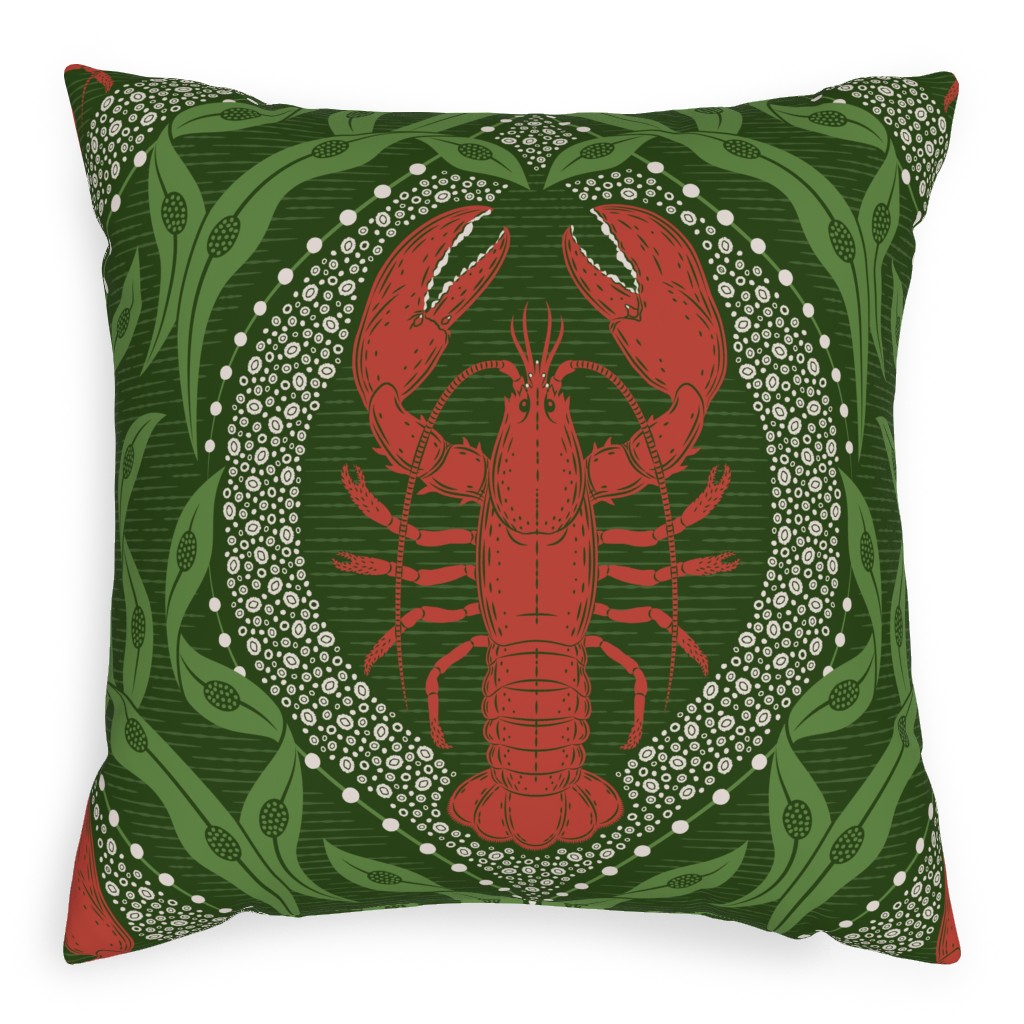 Lobster and Seaweed Nautical Damask Pillow, Woven, Beige, 20x20, Single Sided, Green, Leaf