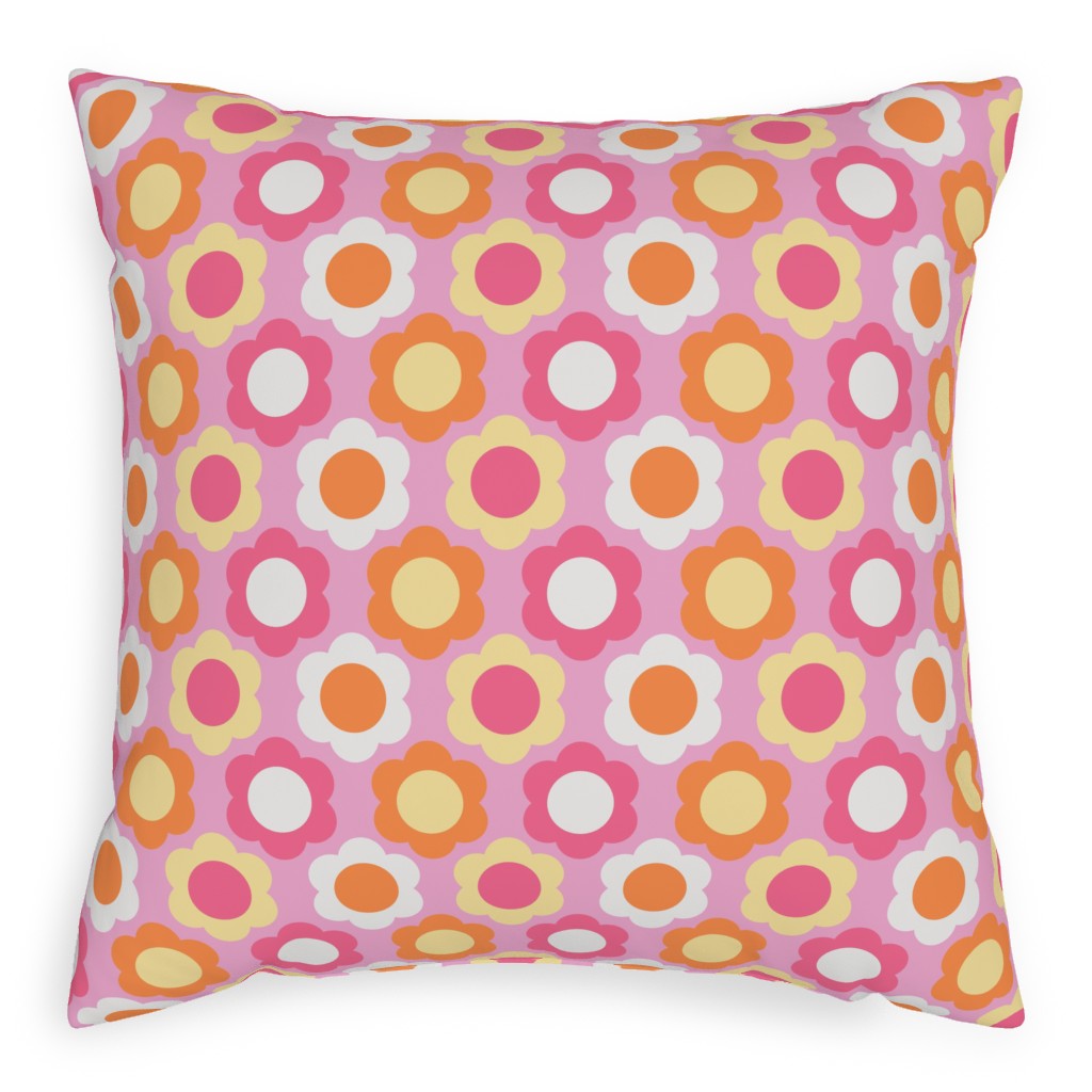 Retro Geometric Flowers - Pink and Orange Pillow, Woven, Beige, 20x20, Single Sided, Pink