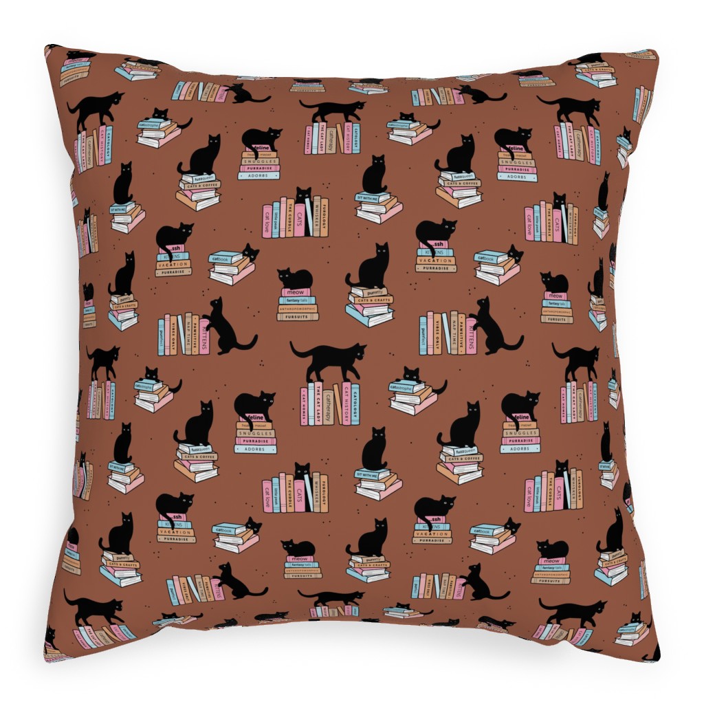 Cats and Books Pillow, Woven, Beige, 20x20, Single Sided, Brown, Sienna Brown