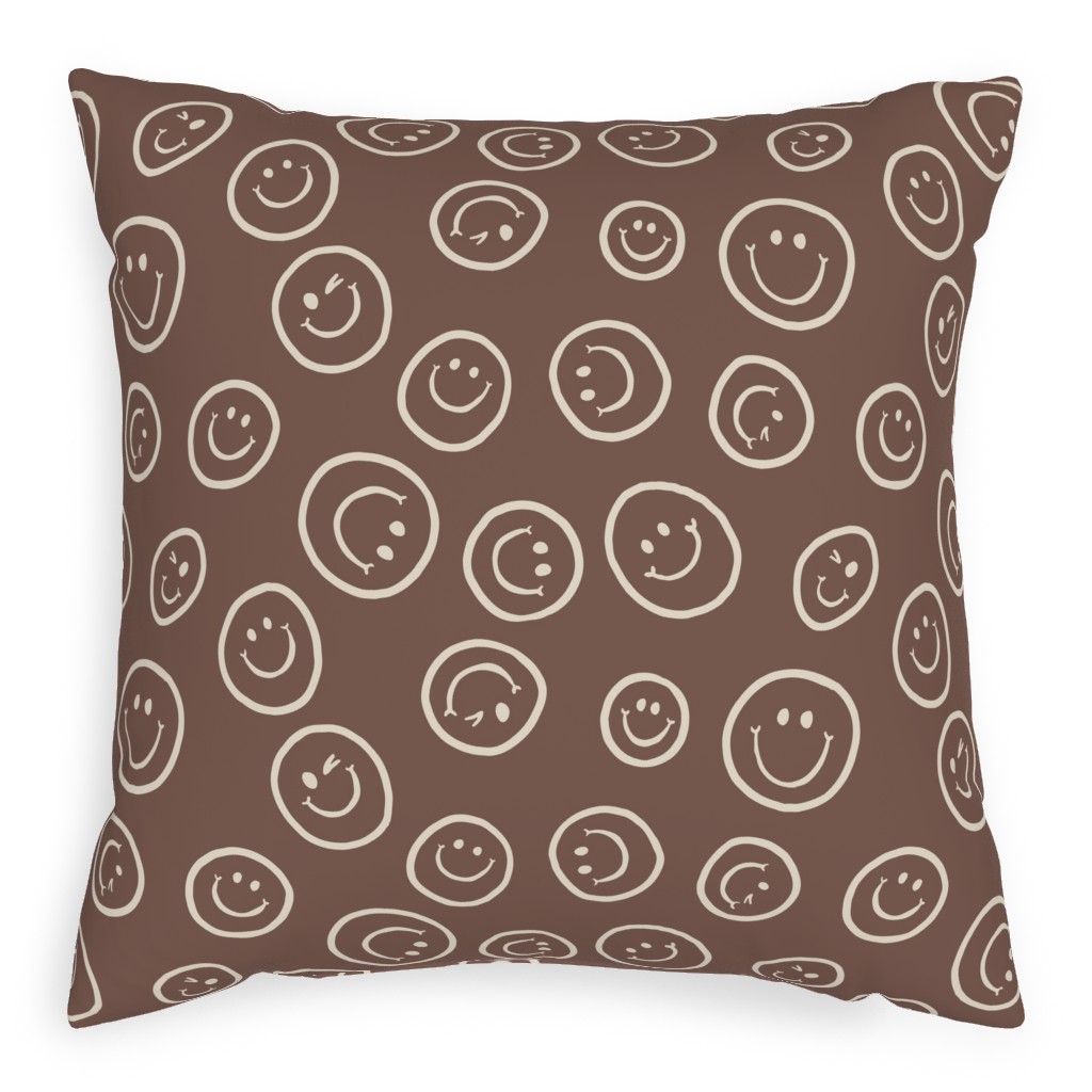 Smiley Winking Faces Pillow, Woven, Beige, 20x20, Single Sided, Brown, Milk Chocolate