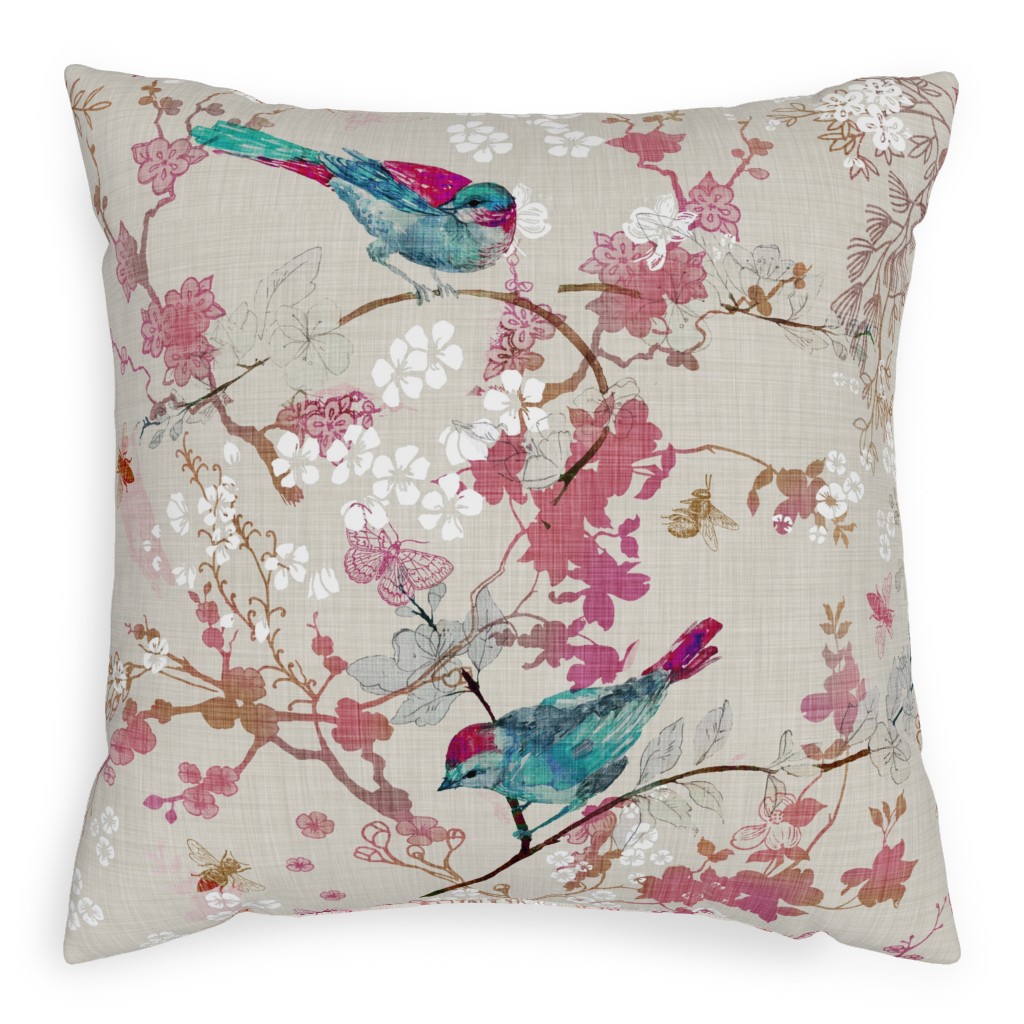 Birds + the Bees - Rose Pillow, Woven, Beige, 20x20, Single Sided, Multicolor