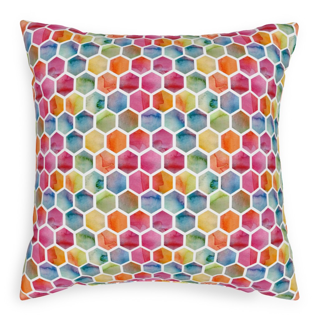 Watercolour Hexagons - Multi Pillow, Woven, Beige, 20x20, Single Sided, Multicolor