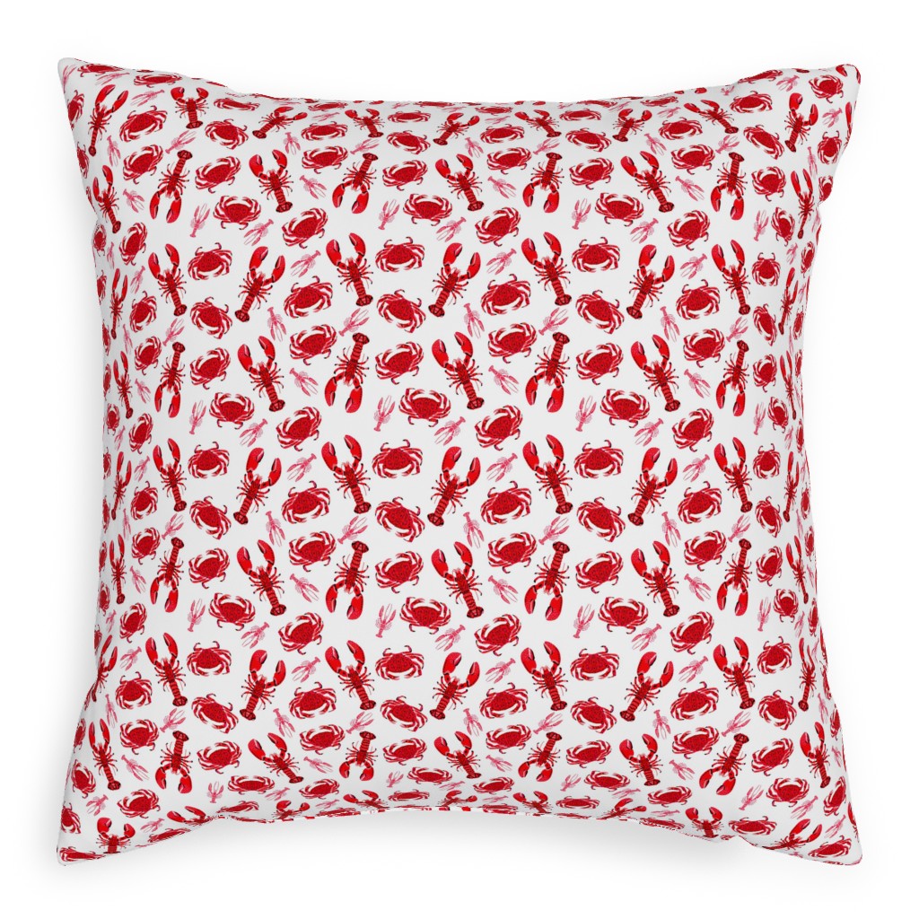 Crabs and Lobsters - Red Crustaceans on White Pillow, Woven, Beige, 20x20, Single Sided, Red