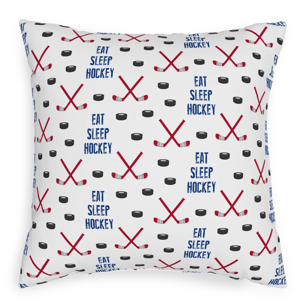 Eat Sleep Hockey - Red and Blue Pillow, Woven, Beige, 20x20, Single Sided, Multicolor