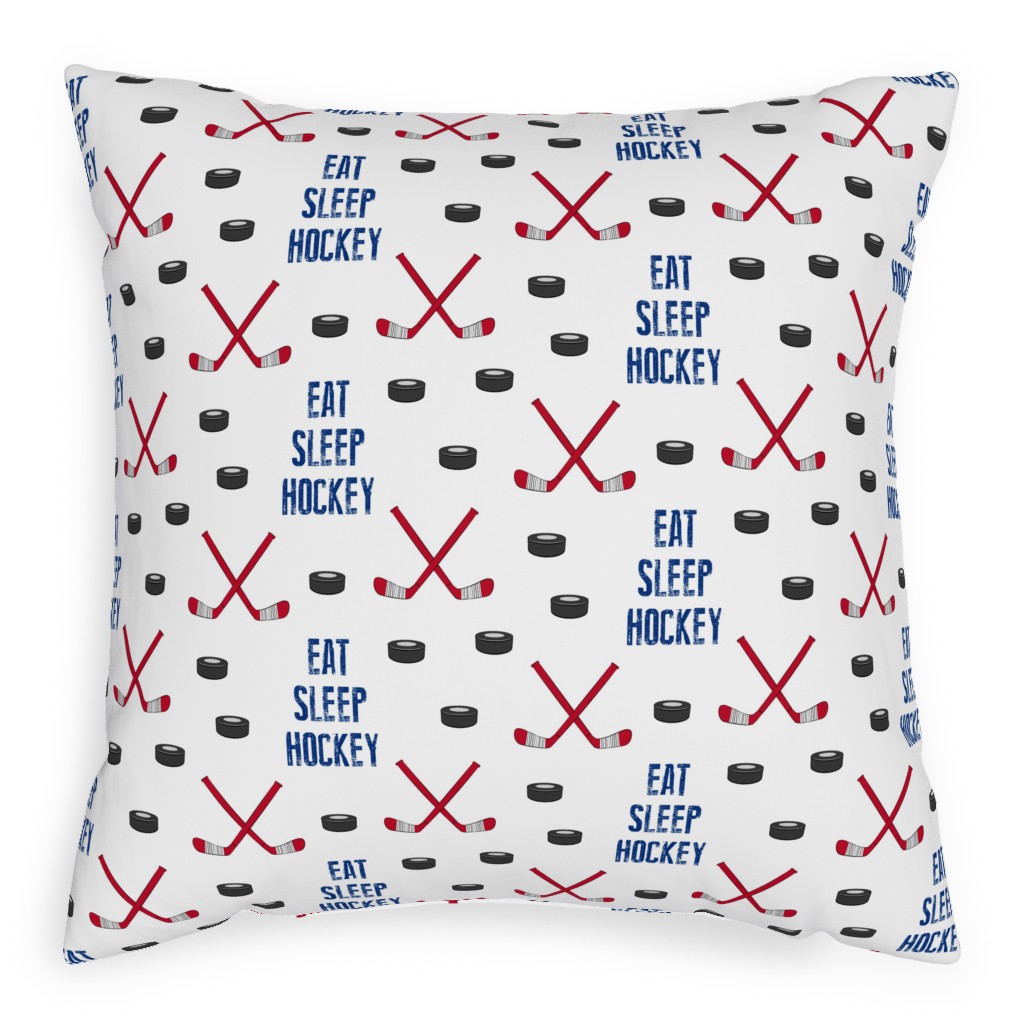 Eat Sleep Hockey - Red and Blue Pillow, Woven, Beige, 20x20, Single Sided, Multicolor