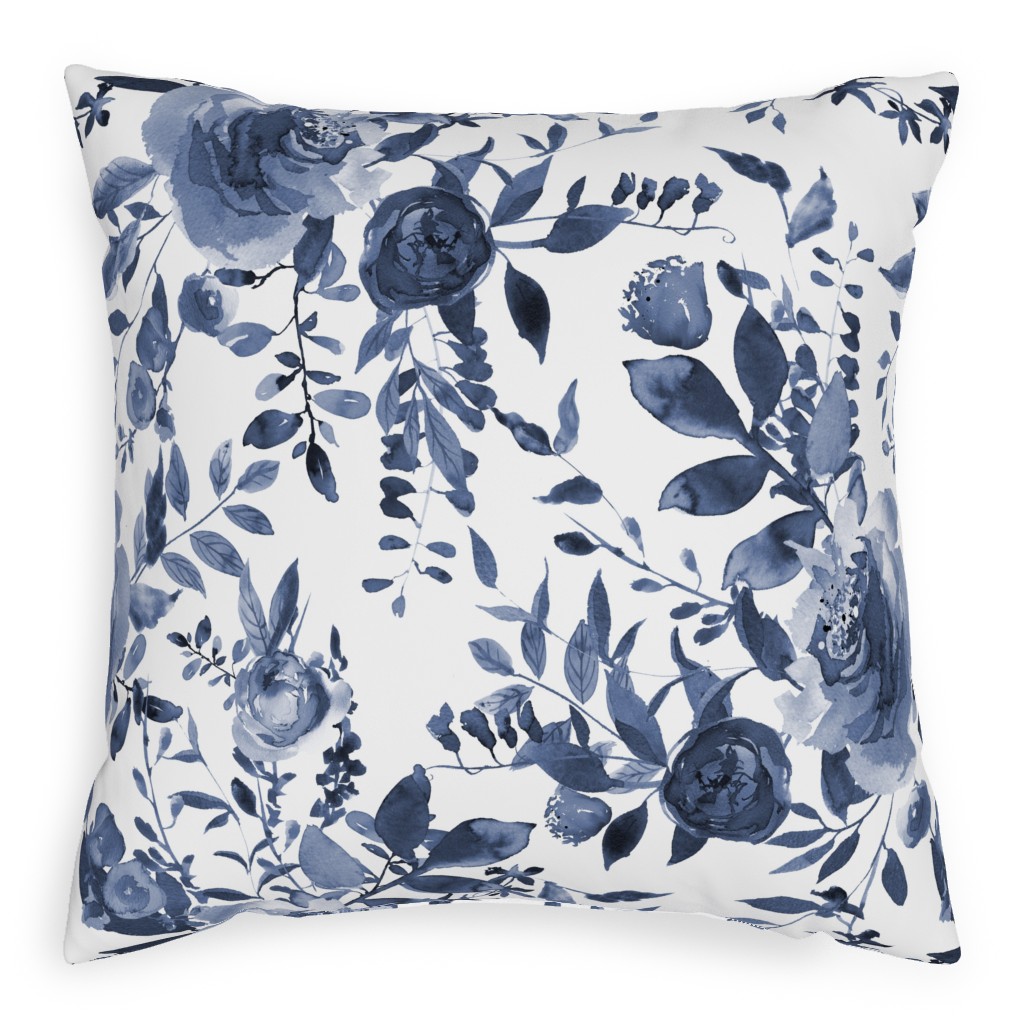 Blue and White Florals - Indigo Pillow, Woven, Beige, 20x20, Single Sided, Blue, True Blue