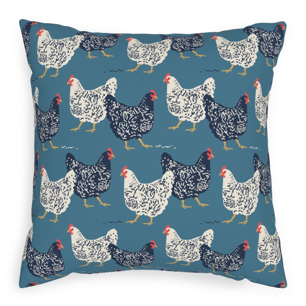 Farmhouse Chickens on Blue Pillow, Woven, Beige, 20x20, Single Sided, Blue