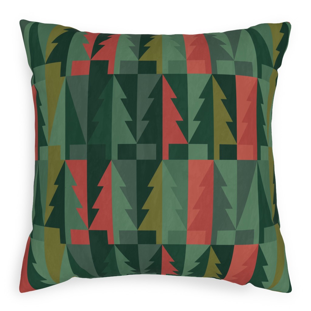 Geometric Forest - Red and Green Pillow, Woven, Beige, 20x20, Single Sided, Green, Classic Green