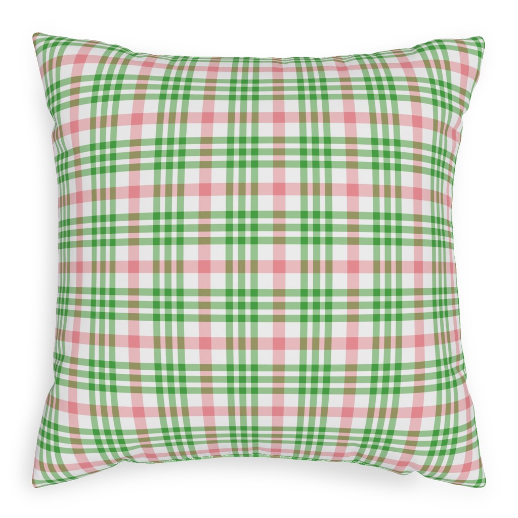 Pink, Green, and White Plaid Pillow, Woven, Beige, 20x20, Single Sided, Green