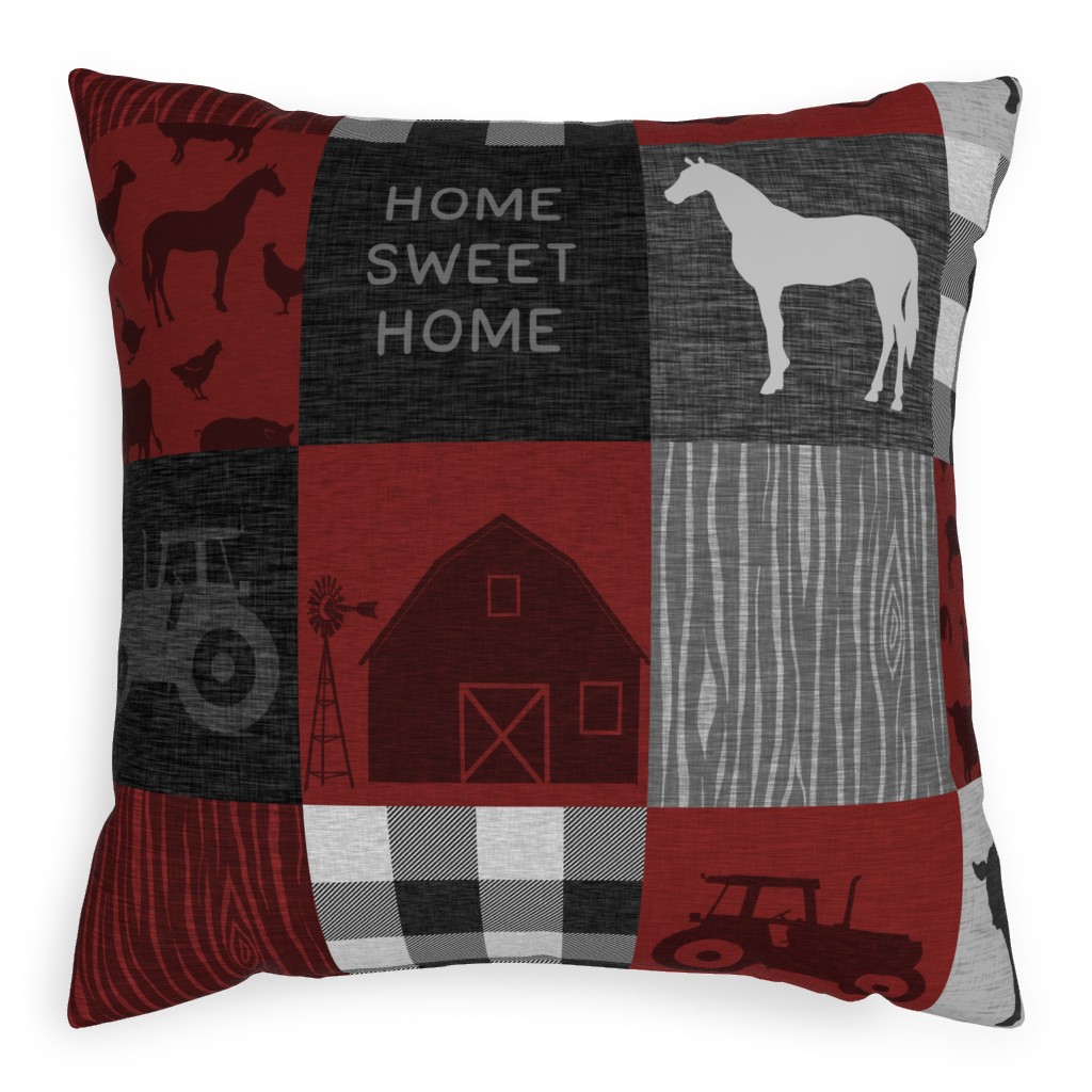 Home Sweet Home Farm - Red and Black Pillow, Woven, Beige, 20x20, Single Sided, Red