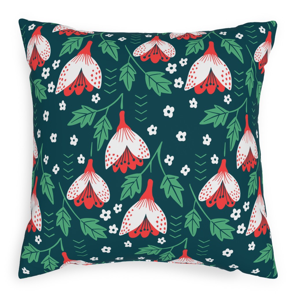 Christmas Flowers - Green Pillow, Woven, Beige, 20x20, Single Sided, Green