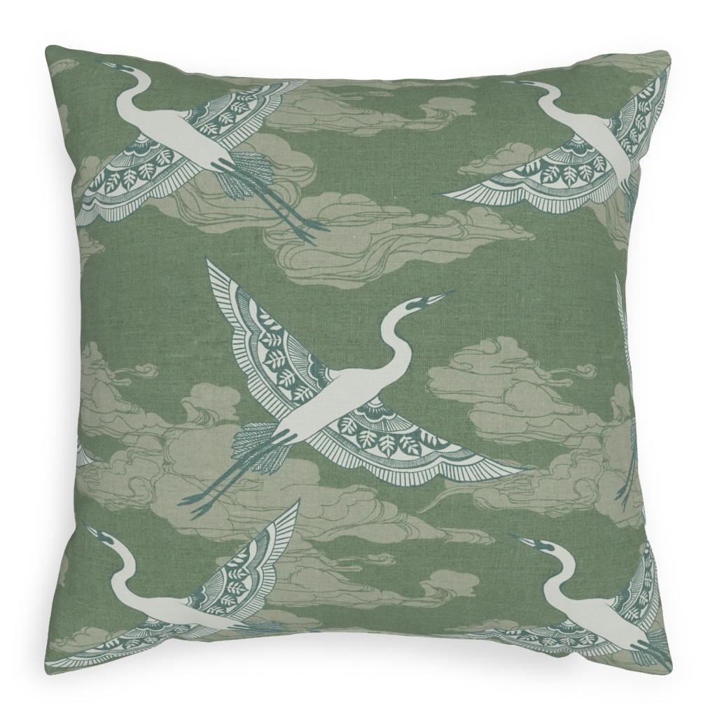 Egrets - Green Pillow, Woven, Beige, 20x20, Single Sided, Green