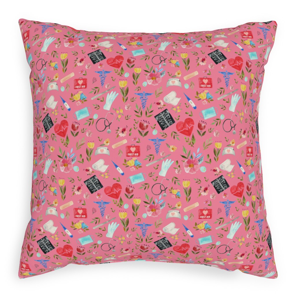 Love To Care Pillow, Woven, Beige, 20x20, Single Sided, Pink, Wild Posies