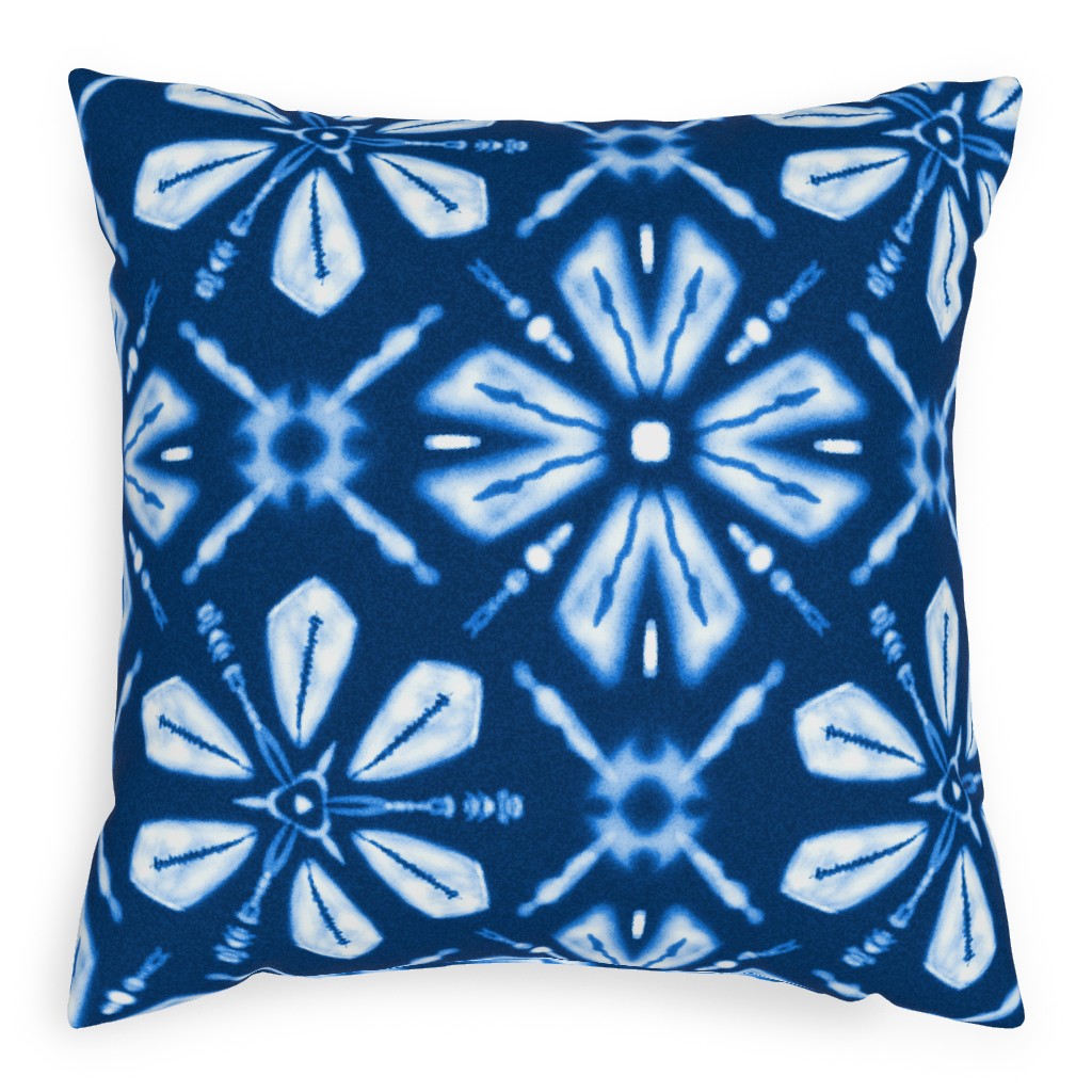 Shibori Flowers Pillow, Woven, Beige, 20x20, Single Sided, Blue