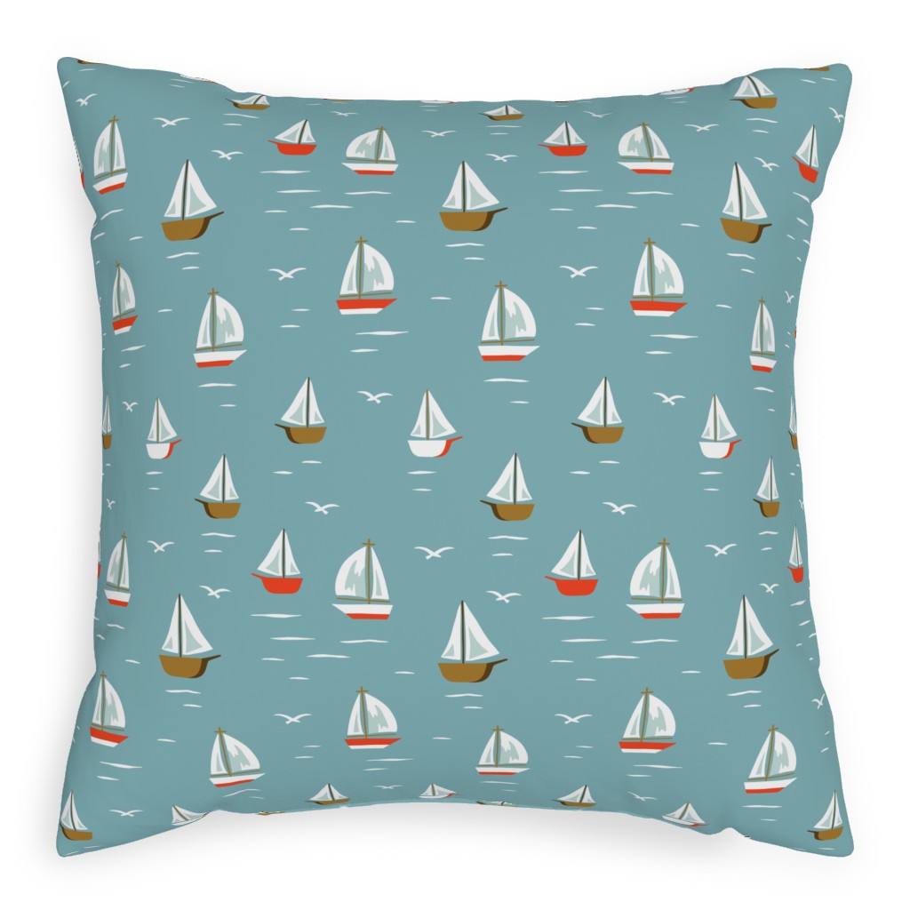 Sailboats Pillow, Woven, Beige, 20x20, Single Sided, Blue, Deep Turquoise