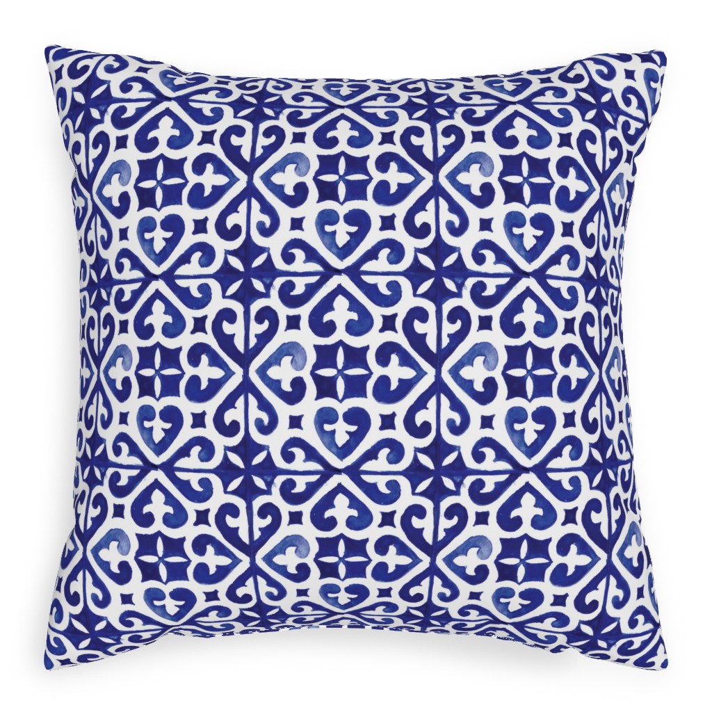 Lisbon Tiles Watercolor - Blue Pillow, Woven, Beige, 20x20, Single Sided, Blue