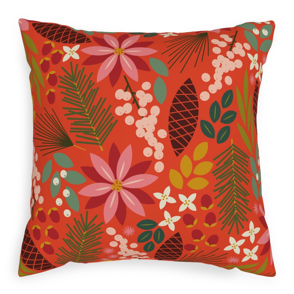 Pinecones and Berries - Red Pillow, Woven, Beige, 20x20, Single Sided, Red, Red