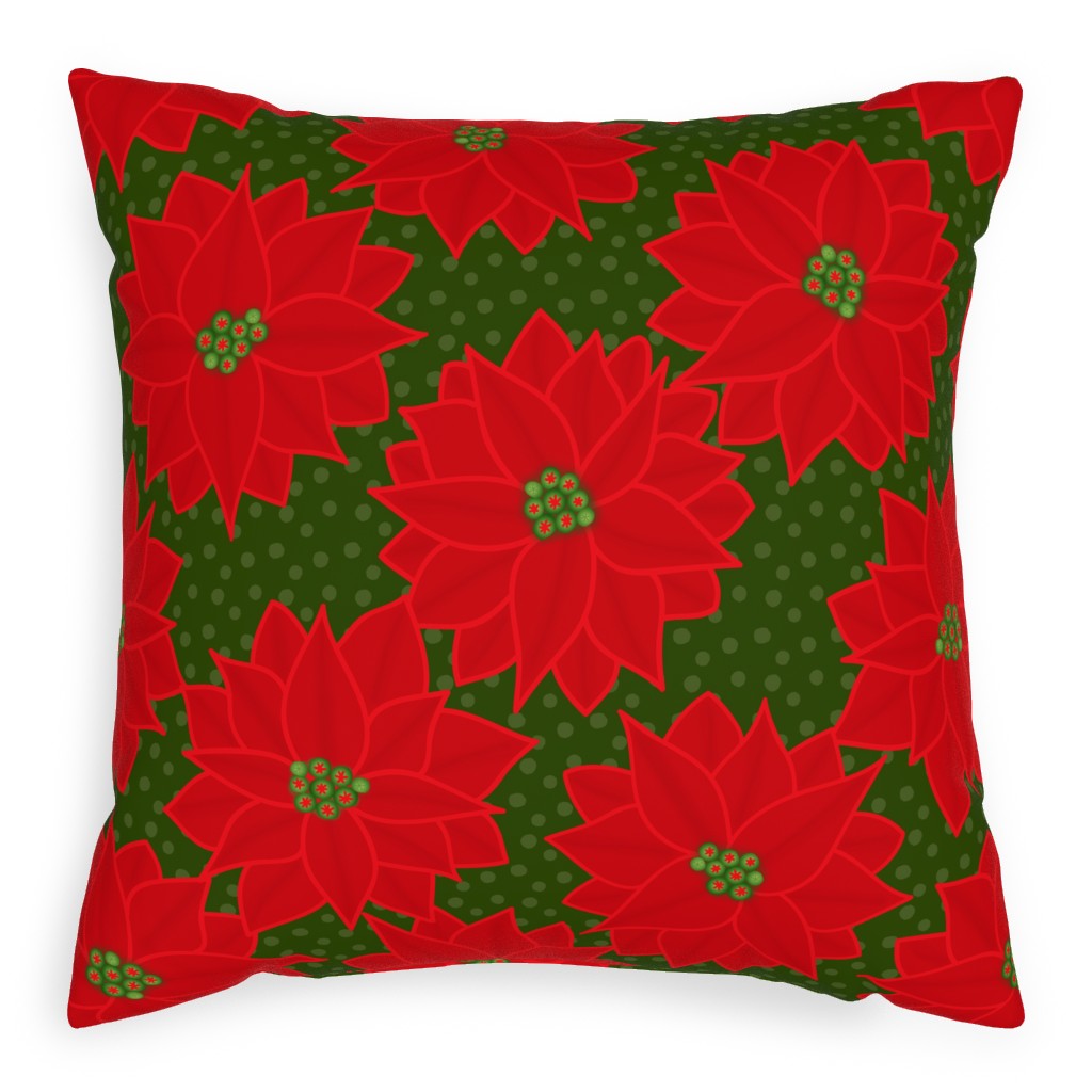 Christmas Poinsettia on Green Pillow, Woven, Beige, 20x20, Single Sided, Red