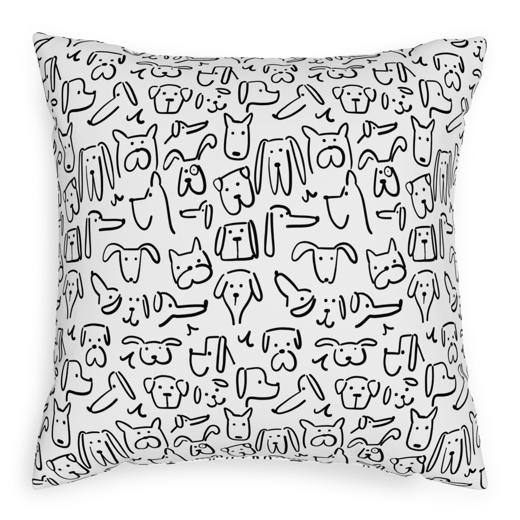 Playful Pups - Black and White Pillow, Woven, Beige, 20x20, Single Sided, White