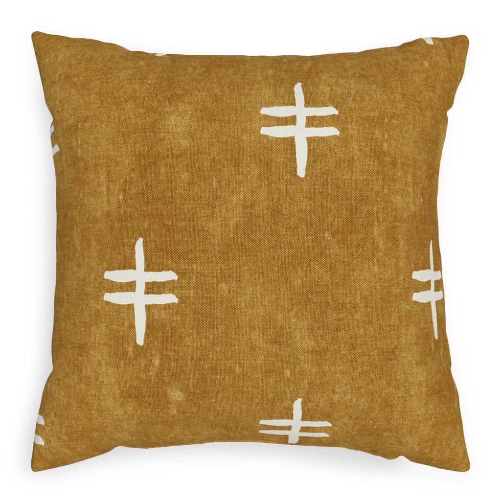 Double Cross Mudcloth Tribal - Mustard Pillow, Woven, Beige, 20x20, Single Sided, Brown