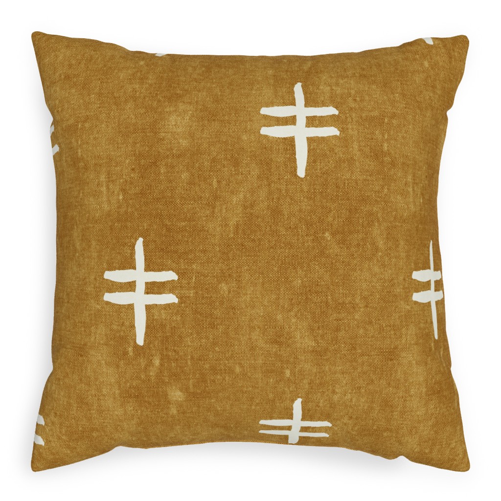 Double Cross Mudcloth Tribal - Mustard Pillow, Woven, Beige, 20x20, Single Sided, Brown, Brown