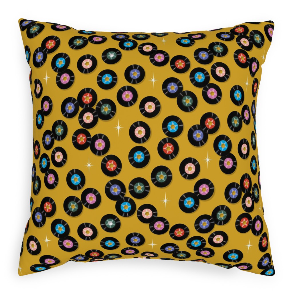 Pop Star Vintage Vinyl Records Pillow, Woven, Beige, 20x20, Single Sided, Yellow, Goldenrod