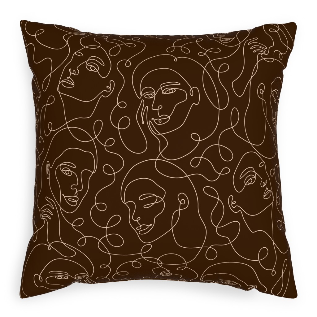 Hand Drawn Women Pillow, Woven, Beige, 20x20, Single Sided, Brown, Dark Chocolate