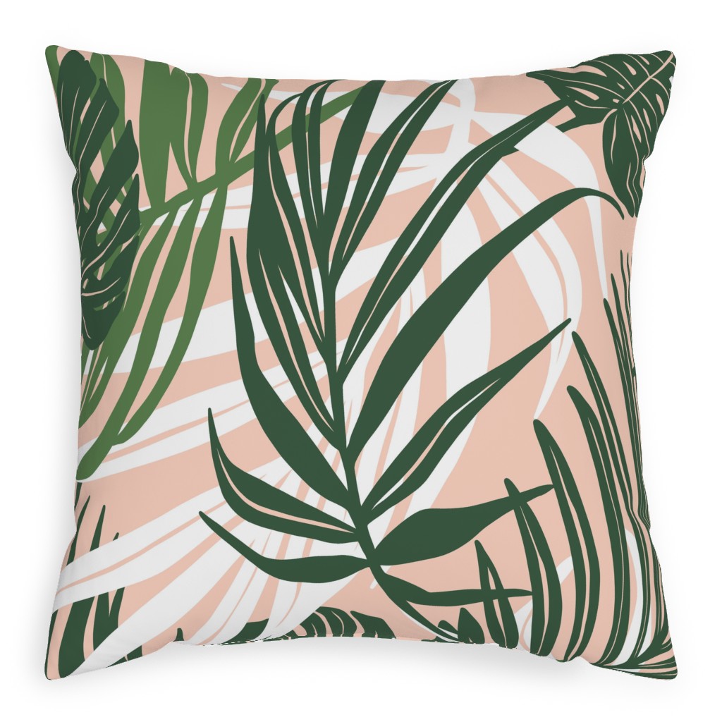 Hideaway Tropical Palm Leaves - Blush Pink Pillow, Woven, Beige, 20x20, Single Sided, Green, Classic Green