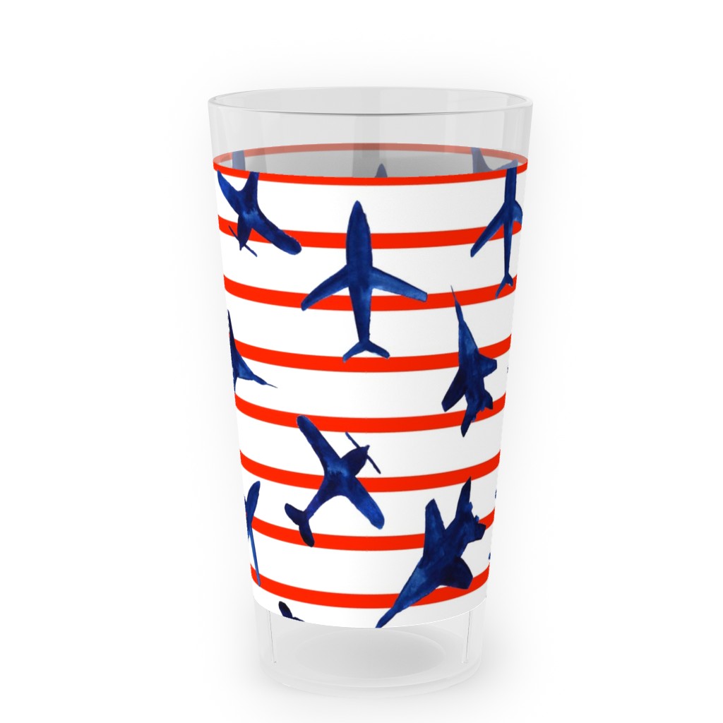 Patriotic Airplanes Watercolor - Blue With Red Stripes Outdoor Pint Glass, Blue